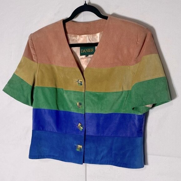 Danier Rainbow Stripe Suede Cropped Button Up Short Sleeve Jacket L - Picture 1 of 13